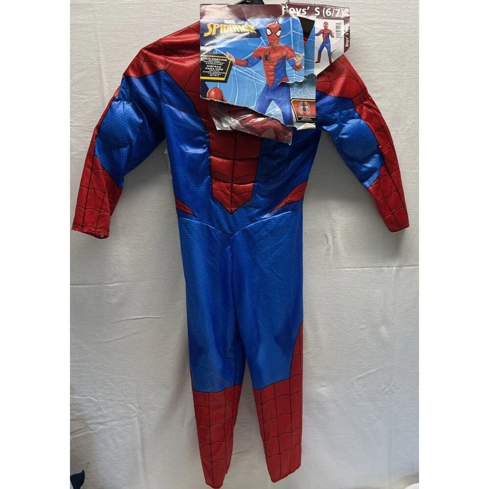 Marvel Spiderman Padded Jumpsuit Costume S 4-7 Muscles Mask Spider Man Costumes